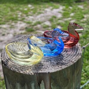 VTG Glass Duck Salt Cellars (3) Mid Century Colored Art Glass Trinket Dishes